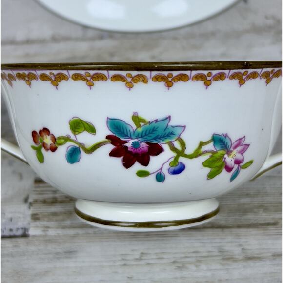 Vintage Coalport Pembroke Hand Painted 2 Handled Soup Bowls Saucers Birds Floral - Picture 6 of 11